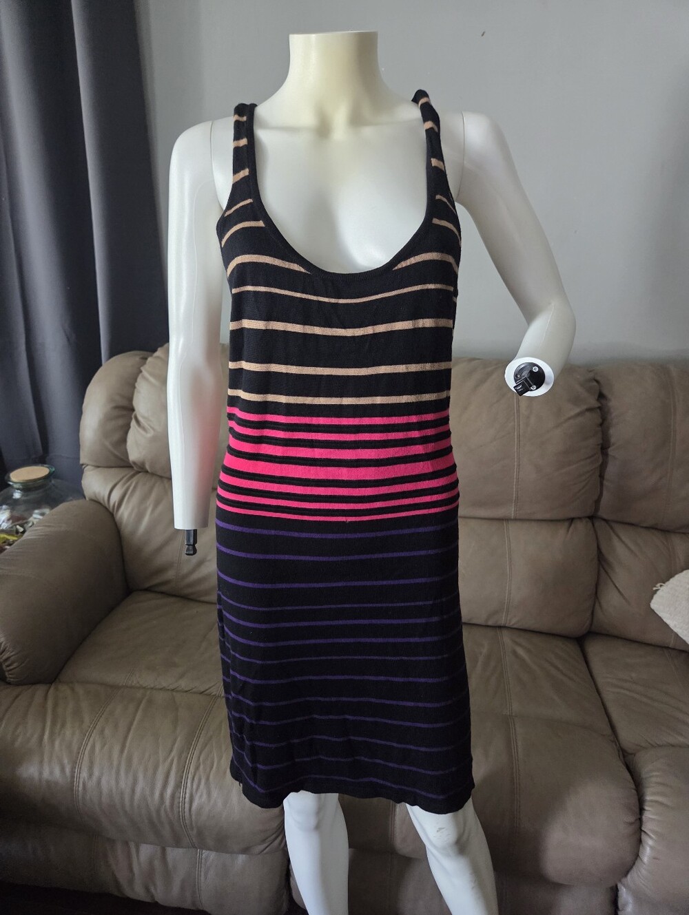 Dynamite Striped Scoop Neck Knit Tank Dress - Hot Pink & Purple Stripes,large